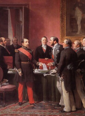 Napoléon III remet au baron Haussmann le décret d'annexion à Paris des communes suburbaines (1860)